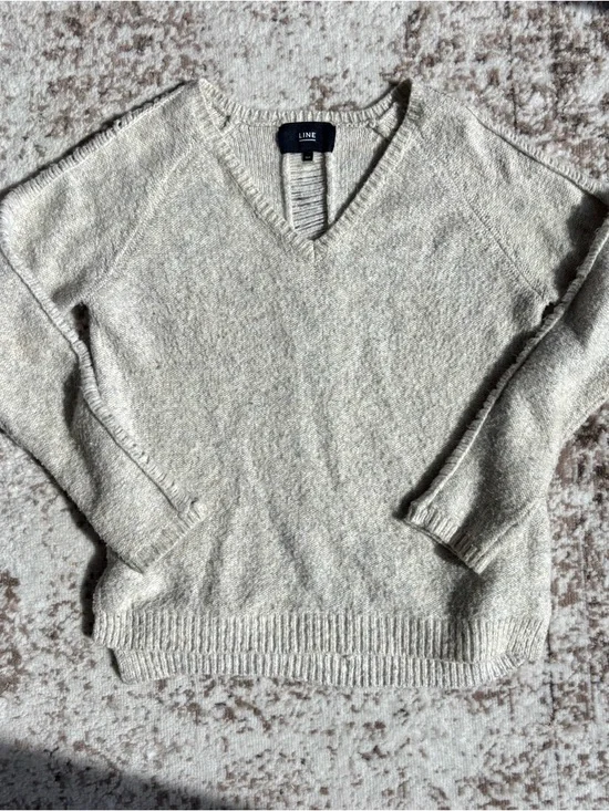 LINE the Label V-Neck Hollow Out/Distressed Cream Grey Sweater - Picture 7 of 8